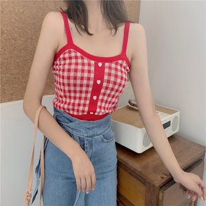 Plaid Checker Heart Button Knitted Women's Crop Top Sweater-Kawaii Dream
