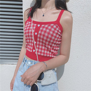 Plaid Checker Heart Button Knitted Women's Crop Top Sweater-Kawaii Dream