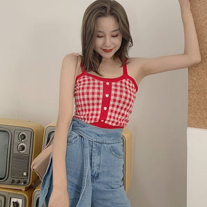 Plaid Checker Heart Button Knitted Women's Crop Top Sweater-Kawaii Dream