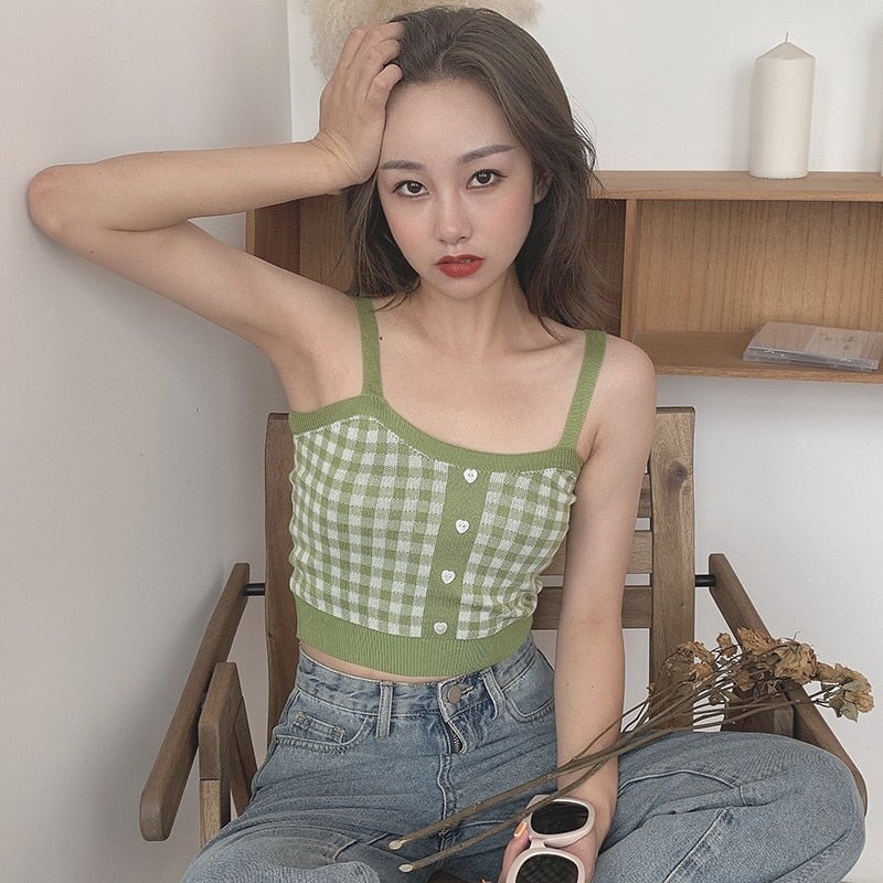 Plaid Checker Heart Button Knitted Women's Crop Top Sweater-Kawaii Dream