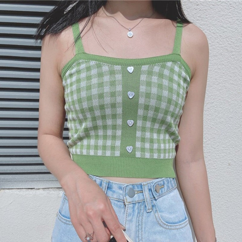 Plaid Checker Heart Button Knitted Women's Crop Top Sweater-Kawaii Dream