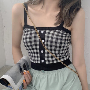 Plaid Checker Heart Button Knitted Women's Crop Top Sweater-Kawaii Dream