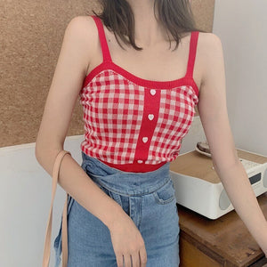 Plaid Checker Heart Button Knitted Women's Crop Top Sweater-Kawaii Dream