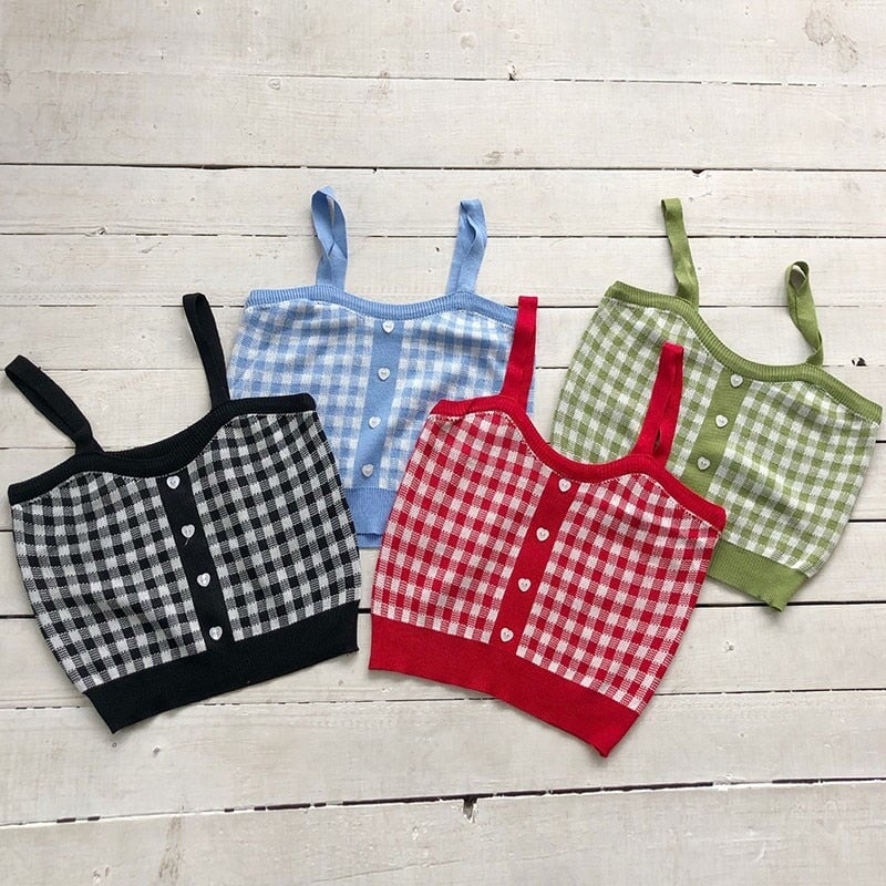 Plaid Checker Heart Button Knitted Women's Crop Top Sweater-Kawaii Dream