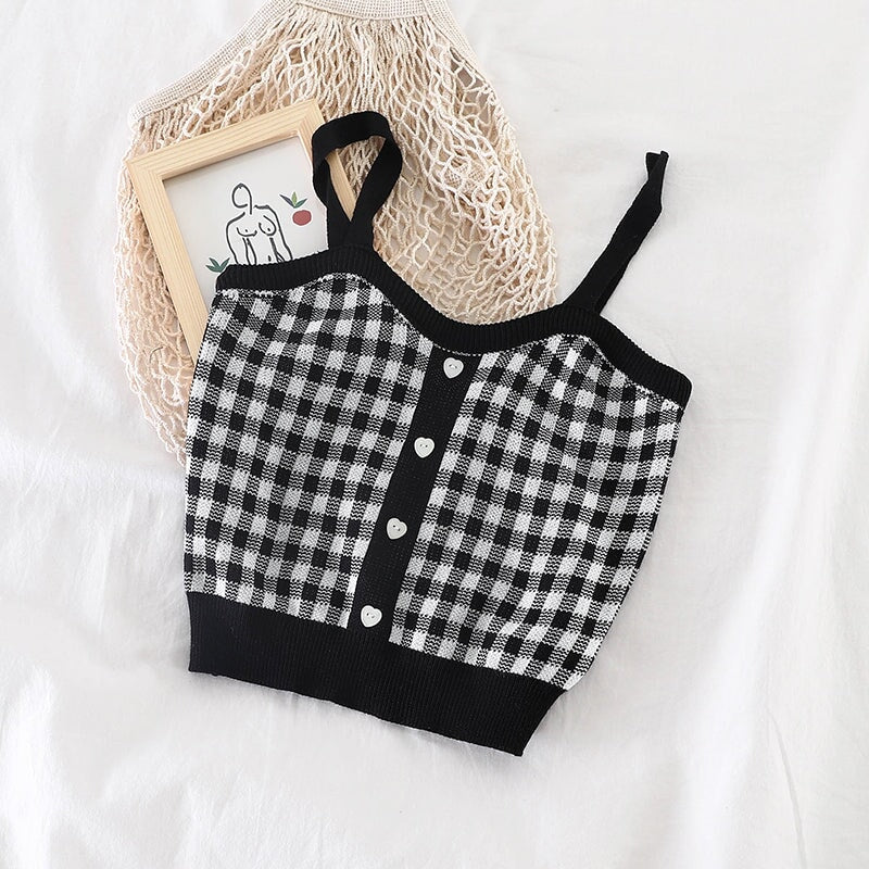 Plaid Checker Heart Button Knitted Women's Crop Top Sweater-Kawaii Dream