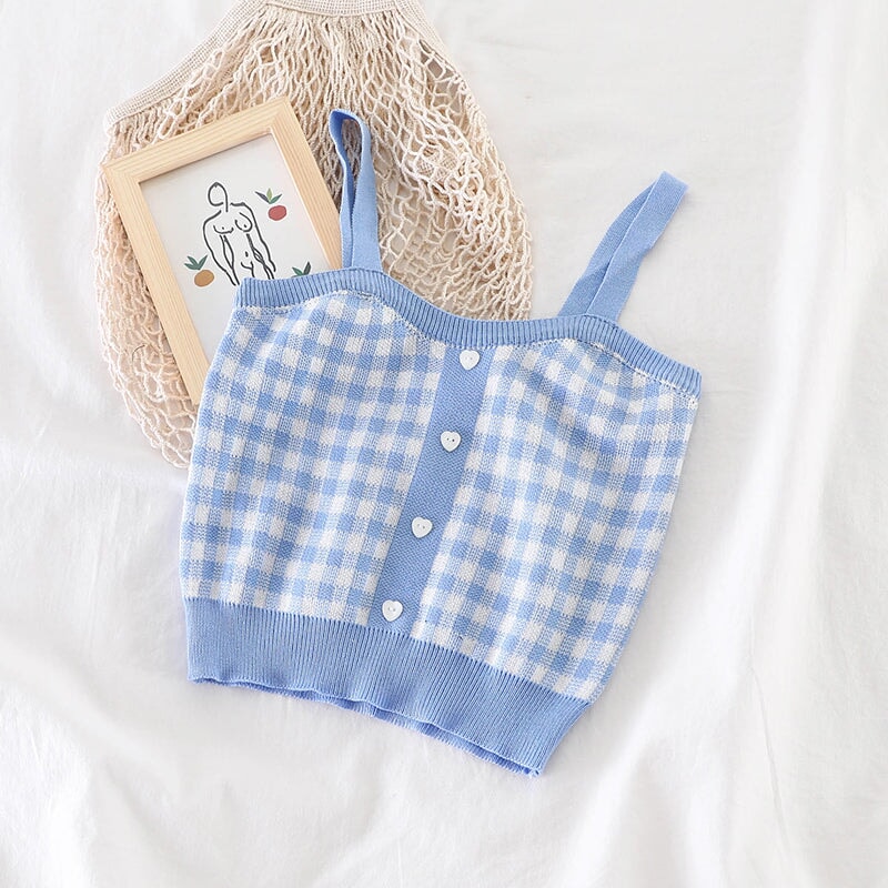 Plaid Checker Heart Button Knitted Women's Crop Top Sweater-Kawaii Dream