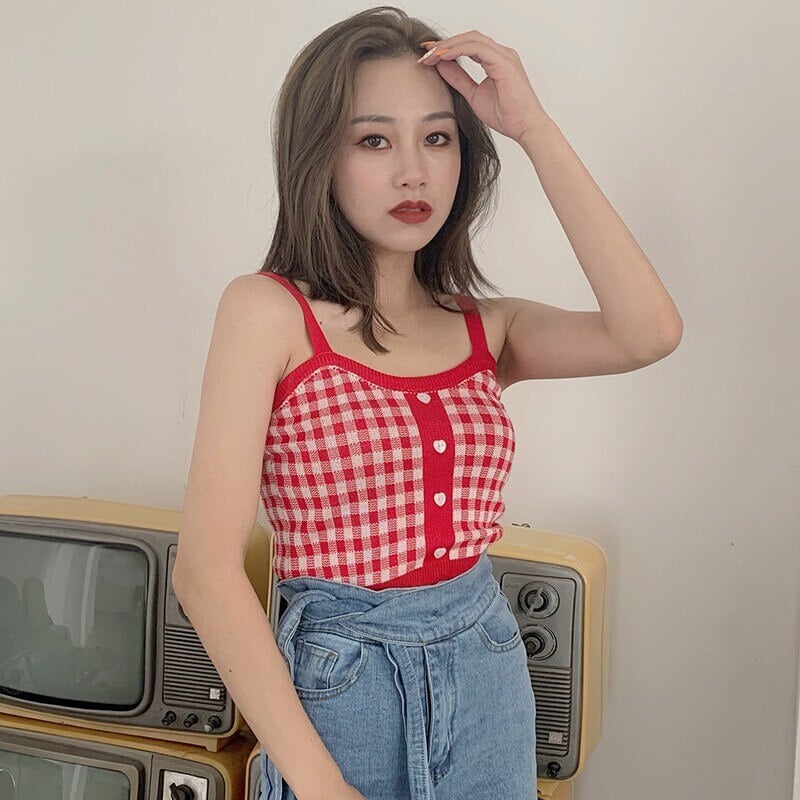Plaid Checker Heart Button Knitted Women's Crop Top Sweater-Kawaii Dream