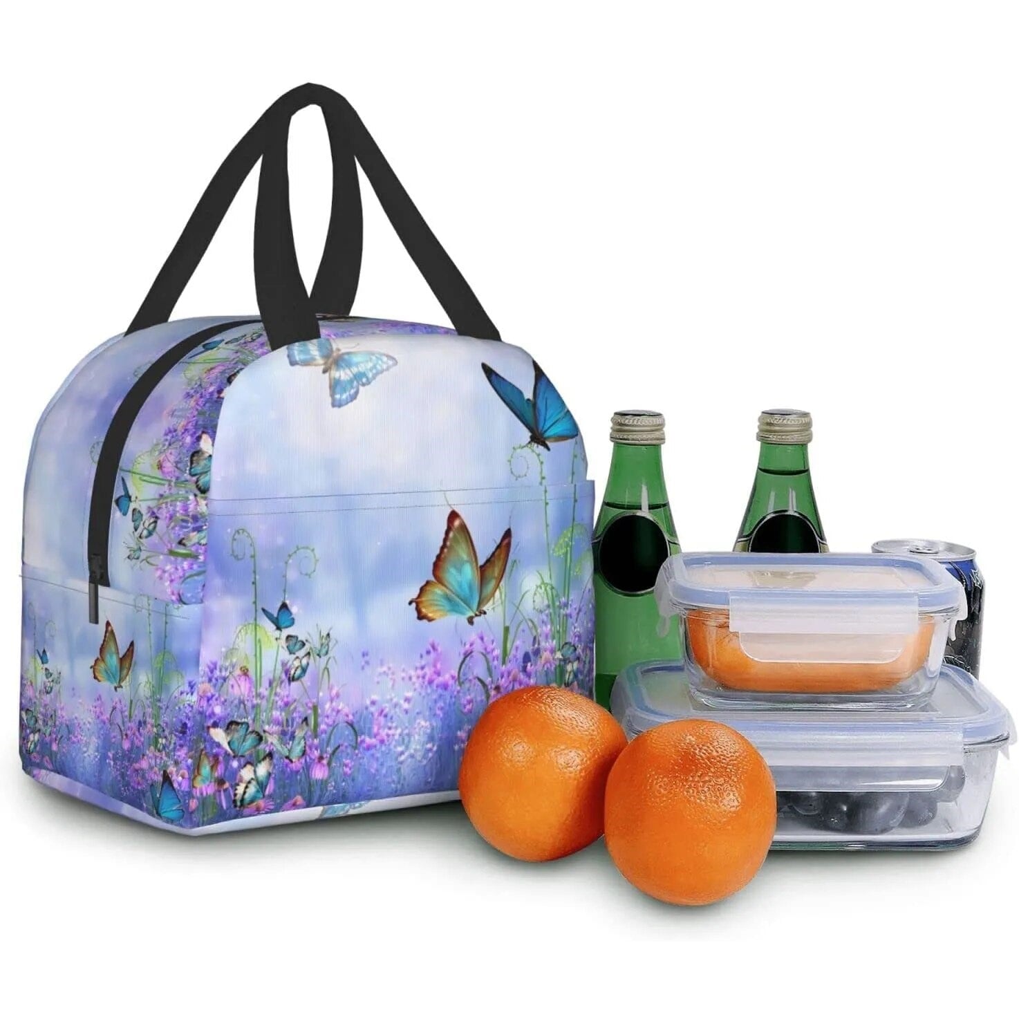 Purple Butterfly Flowers Insulated Lunch Bag-Kawaii Dream