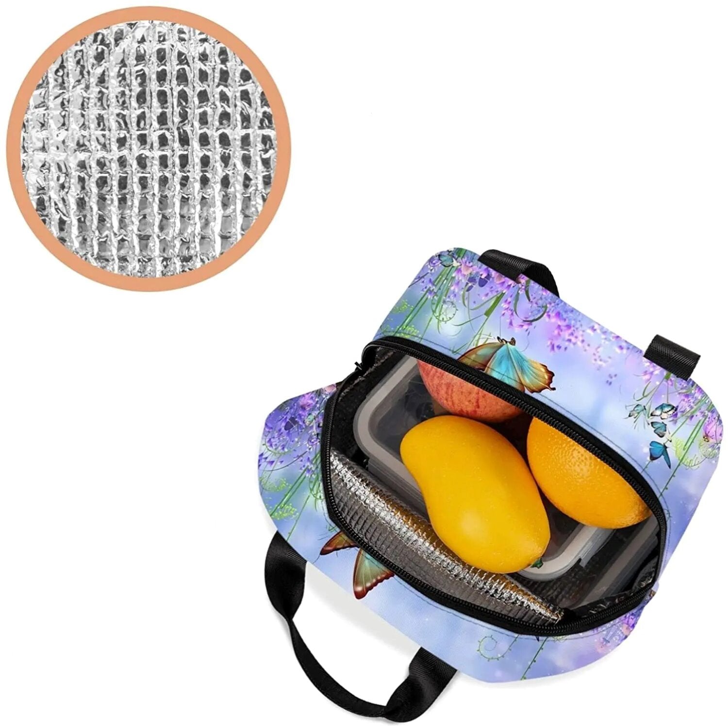 Purple Butterfly Flowers Insulated Lunch Bag-Kawaii Dream