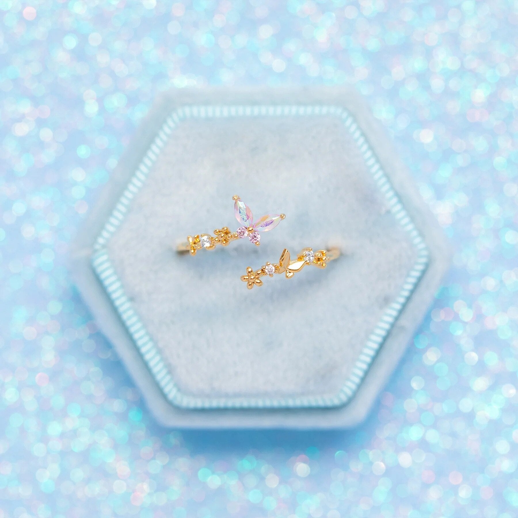 Rainbow Butterfly Floral Gold-plated Adjustable Ring-Kawaii Dream