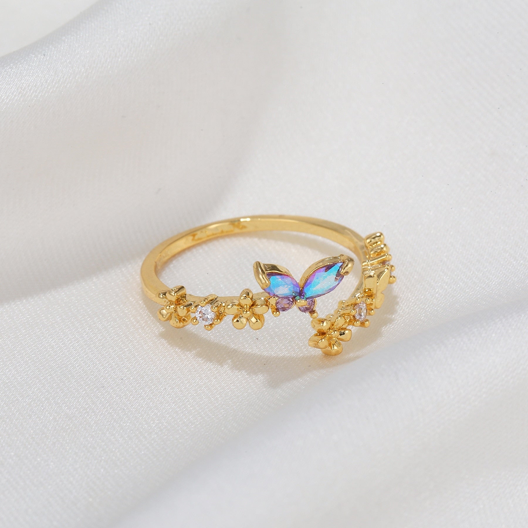 Rainbow Butterfly Floral Gold-plated Adjustable Ring-Kawaii Dream