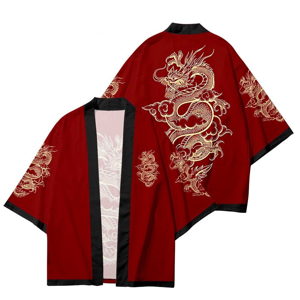 Red Black Golden Dragon Outlined Unisex Kimono-Kawaii Dream