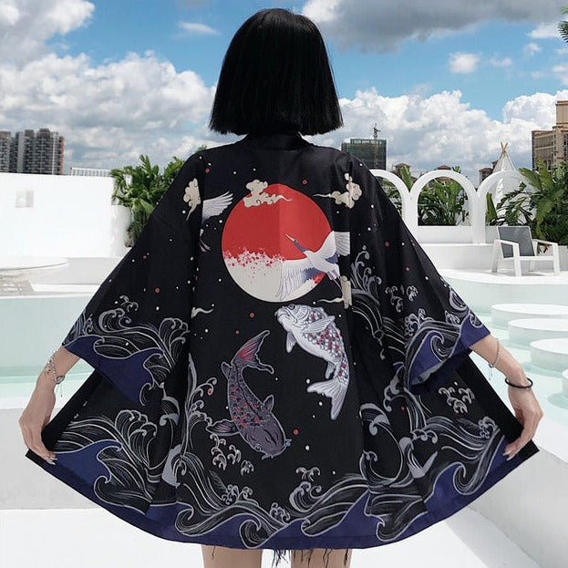 Rising Sun and Lucky Koi Japanese Woman Kimono-Kawaii Dream