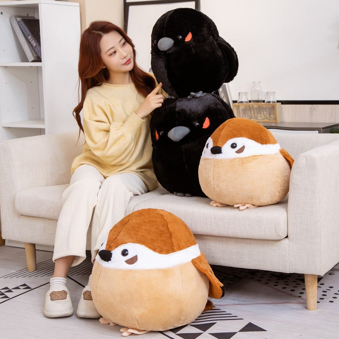 Round Chonky Sparrow Raven Crow Bird Plushies-Kawaii Dream