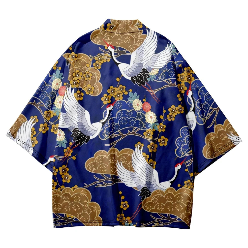Royal Blue Gold Cranes Unisex Kimono-Kawaii Dream