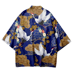 Royal Blue Gold Cranes Unisex Kimono-Kawaii Dream