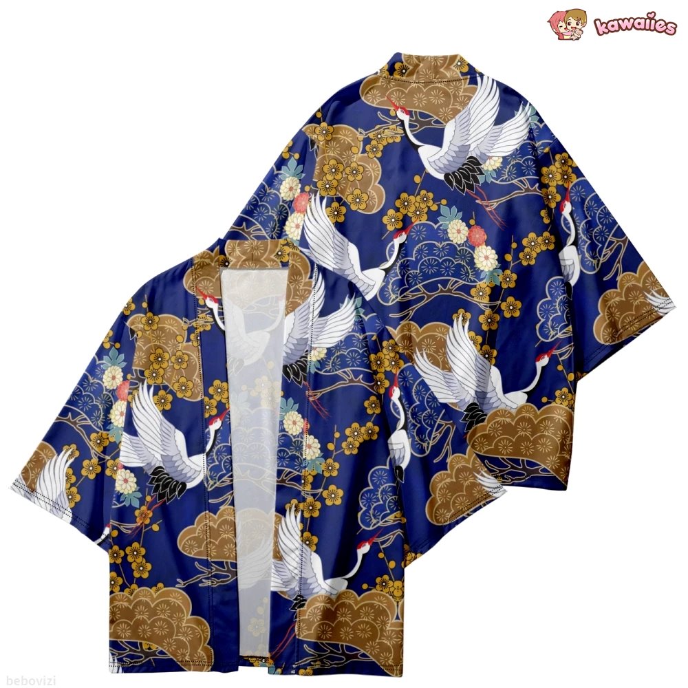 Royal Blue Gold Cranes Unisex Kimono-Kawaii Dream
