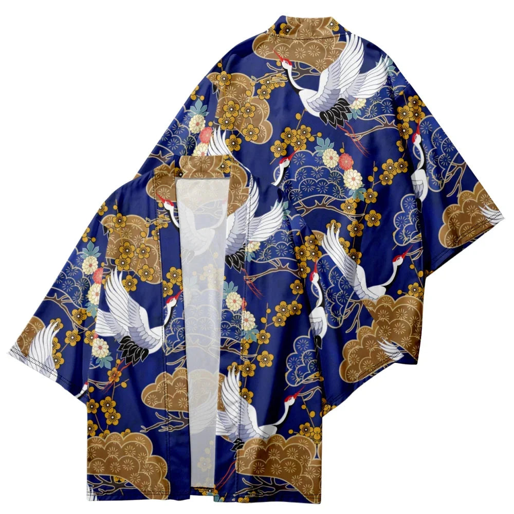 Royal Blue Gold Cranes Unisex Kimono-Kawaii Dream