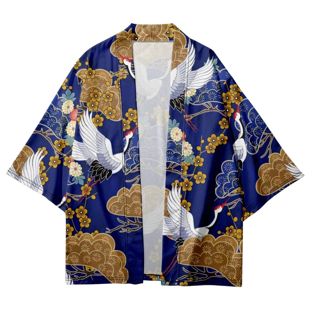 Royal Blue Gold Cranes Unisex Kimono-Kawaii Dream