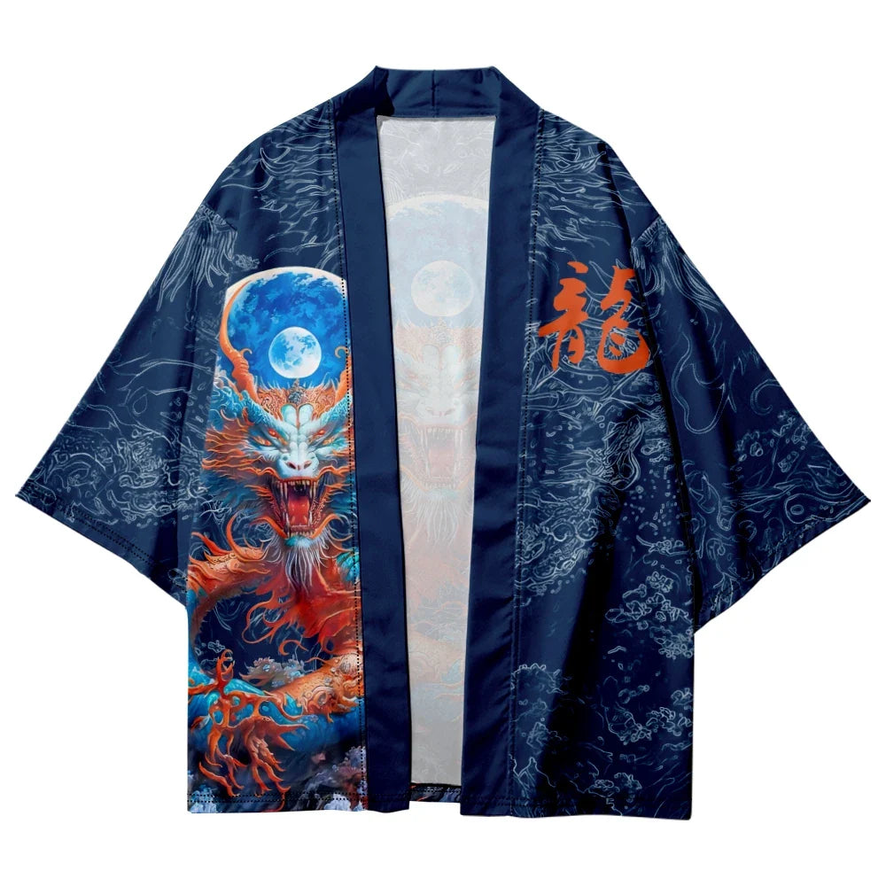 Royal Blue Powerful Dragon Moon Unisex Kimono-Kawaii Dream