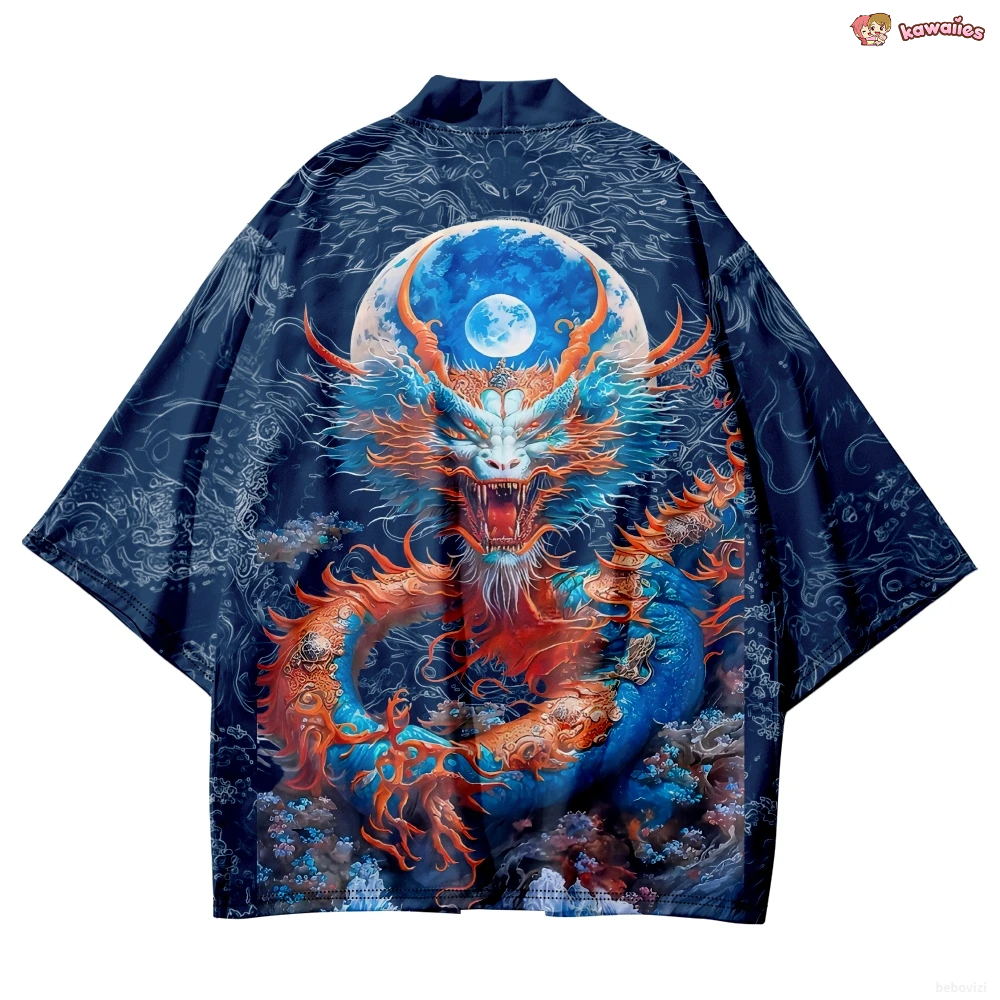 Royal Blue Powerful Dragon Moon Unisex Kimono-Kawaii Dream
