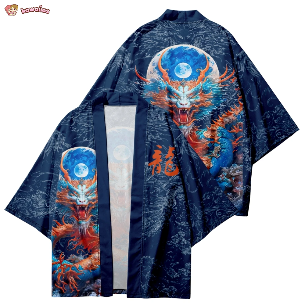 Royal Blue Powerful Dragon Moon Unisex Kimono-Kawaii Dream