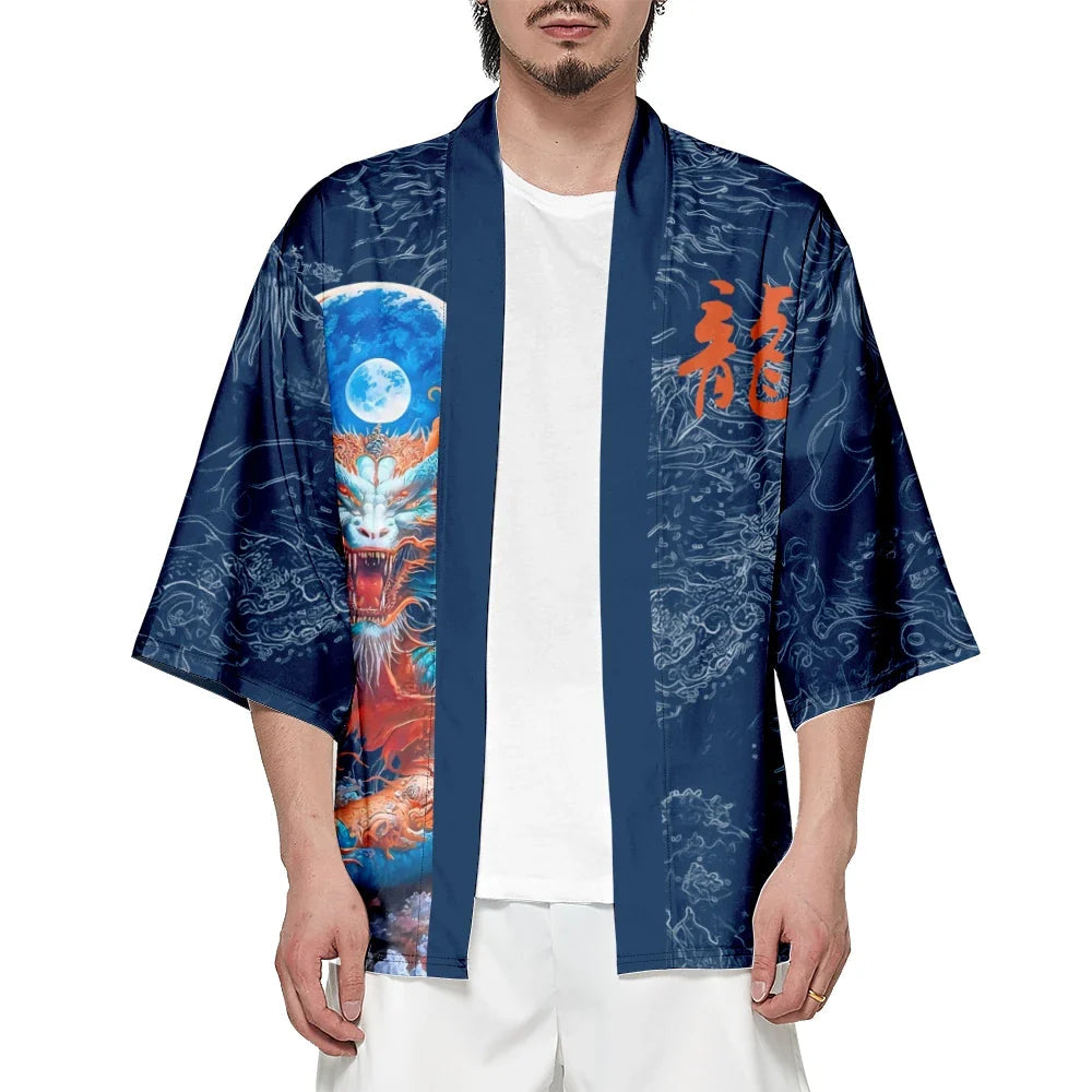 Royal Blue Powerful Dragon Moon Unisex Kimono-Kawaii Dream