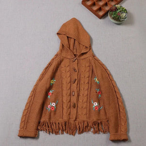 kawaii cottagecore floral embroidery hooded cardigan caramel orange cable knit tassel fringe flat lay