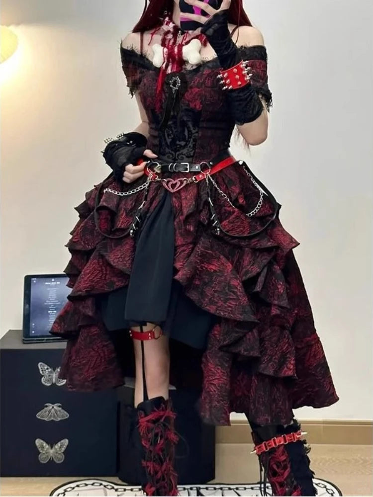 gothic lolita tiered ruffle off-shoulder dress red black brocade front detail view