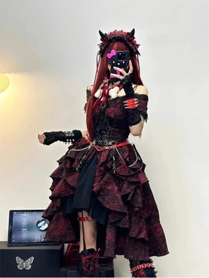 gothic lolita red black brocade ruffle dress full outfit harajuku aesthetic mirror selfie