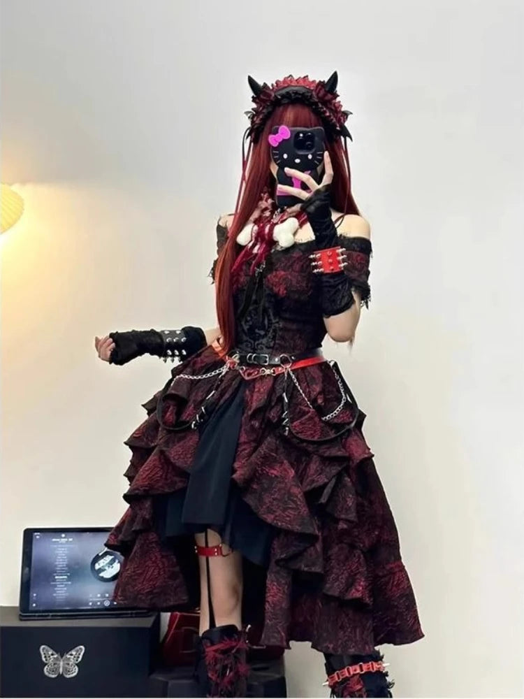 gothic lolita red black brocade ruffle dress full outfit harajuku aesthetic mirror selfie