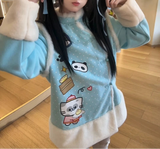 Kawaii Cartoon Print Fur Patchwork Jacket