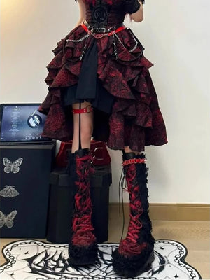 gothic lolita red black tiered ruffle skirt lower body detail view with chain belt