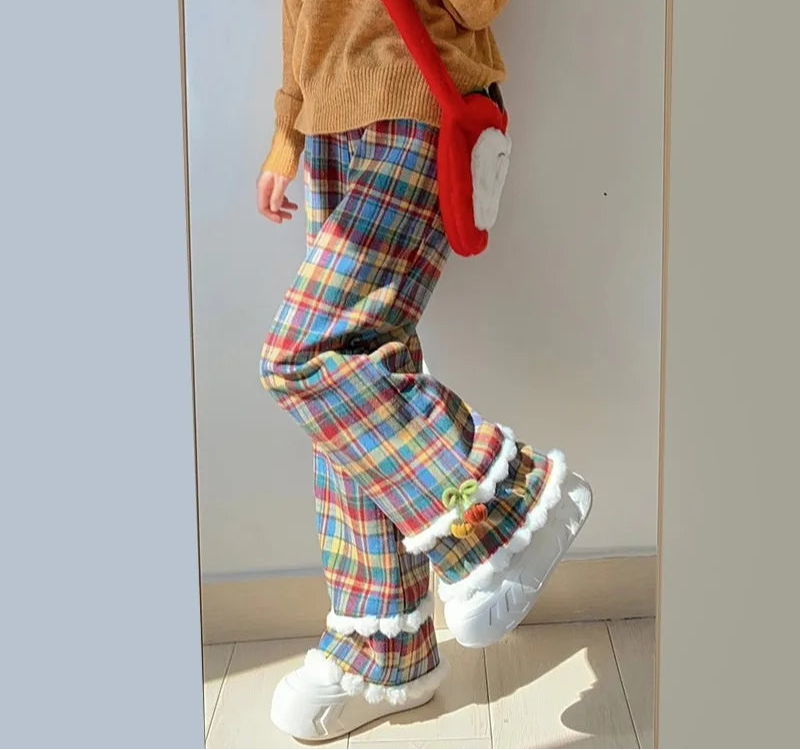 Colorful Plaid Wide Leg Corduroy Pants