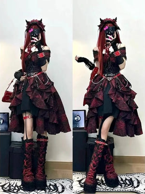 gothic lolita brocade ruffle dress red black full body mirror selfie front and side view
