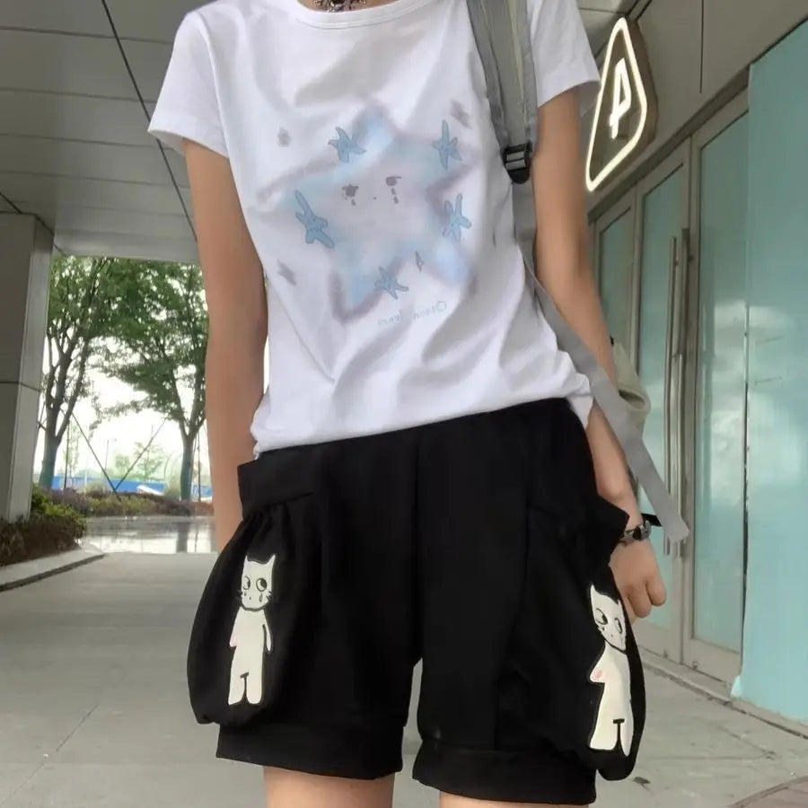 Cartoon Embroidery Wide Leg Shorts