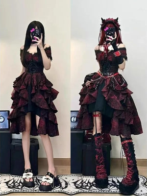 gothic lolita off-shoulder ruffle dress red black two models styling comparison mirror selfie