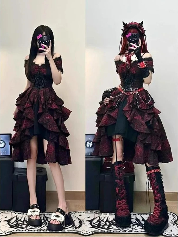 gothic lolita off-shoulder ruffle dress red black two models styling comparison mirror selfie