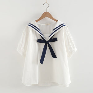 Sailor Moon Inspired Collar White Blue College Shirt Tie Women's Top-Kawaii Dream