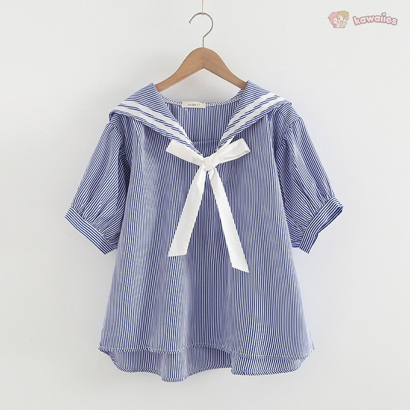 Sailor Moon Inspired Collar White Blue College Shirt Tie Women's Top-Kawaii Dream