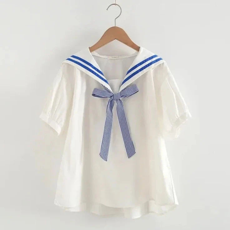Sailor Moon Inspired Collar White Blue College Shirt Tie Women's Top-Kawaii Dream