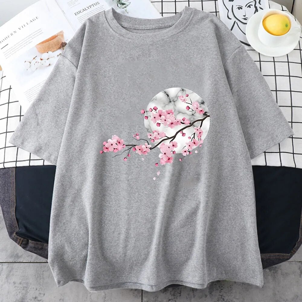 Sakura Cherry Blossom Full Moon Cotton Tee-Kawaii Dream