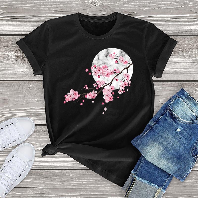 Sakura Cherry Blossom Full Moon Cotton Tee-Kawaii Dream