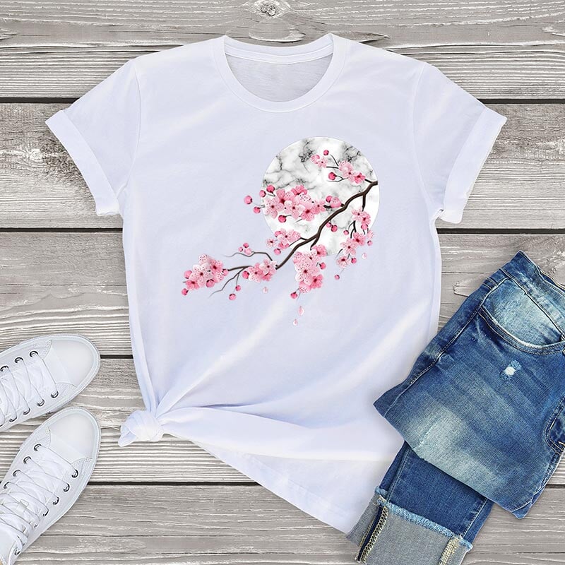 Sakura Cherry Blossom Full Moon Cotton Tee-Kawaii Dream
