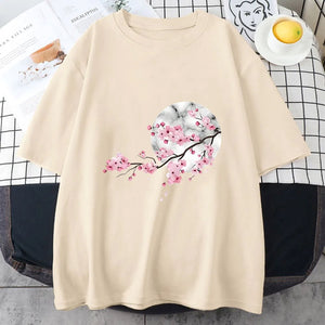 Sakura Cherry Blossom Full Moon Cotton Tee-Kawaii Dream