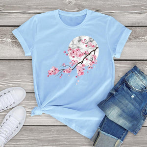 Sakura Cherry Blossom Full Moon Cotton Tee-Kawaii Dream