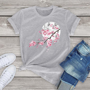 Sakura Cherry Blossom Full Moon Cotton Tee-Kawaii Dream