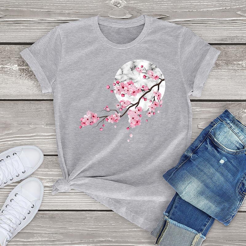 Sakura Cherry Blossom Full Moon Cotton Tee-Kawaii Dream