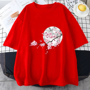 Sakura Cherry Blossom Full Moon Cotton Tee-Kawaii Dream