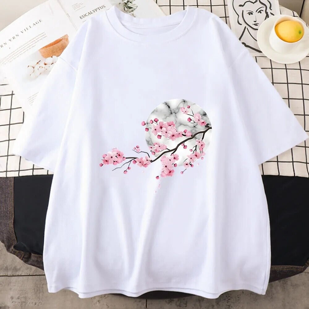 Sakura Cherry Blossom Full Moon Cotton Tee-Kawaii Dream